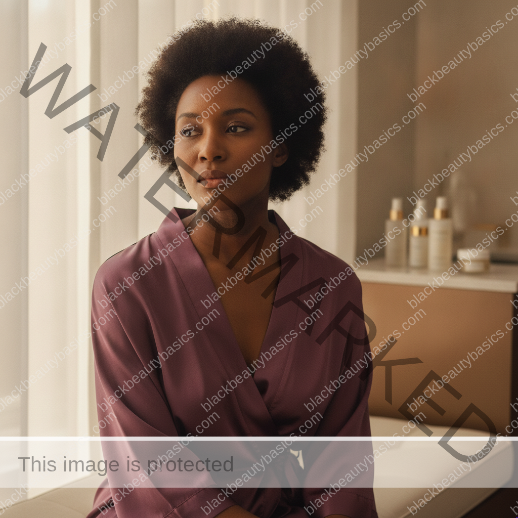 Black woman considering a practical skincare routine for dark neck on black women: friction, hormones, and when to ask for help