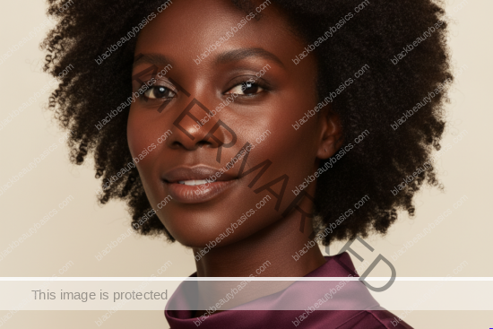Black woman with rich brown skin in an editorial portrait for dark neck on black women: friction, hormones, and when to ask for help