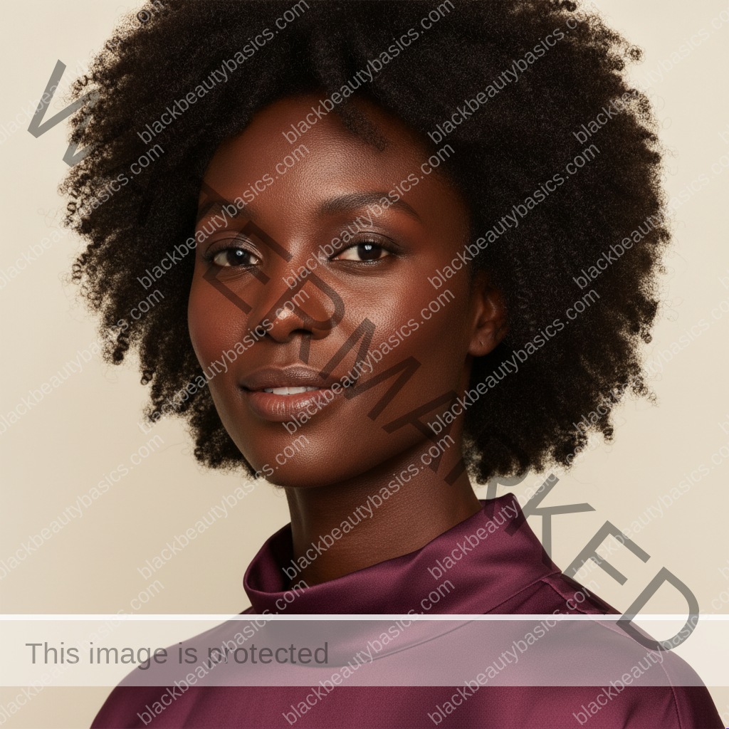 Black woman with rich brown skin in an editorial portrait for dark neck on black women: friction, hormones, and when to ask for help