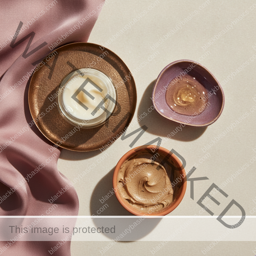 Unlabeled skincare products representing practical choices for dark neck on black women: friction, hormones, and when to ask for help