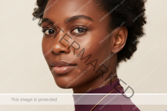 Black woman with rich brown skin in an editorial portrait for dark spots after chemical peels on melanin-rich skin