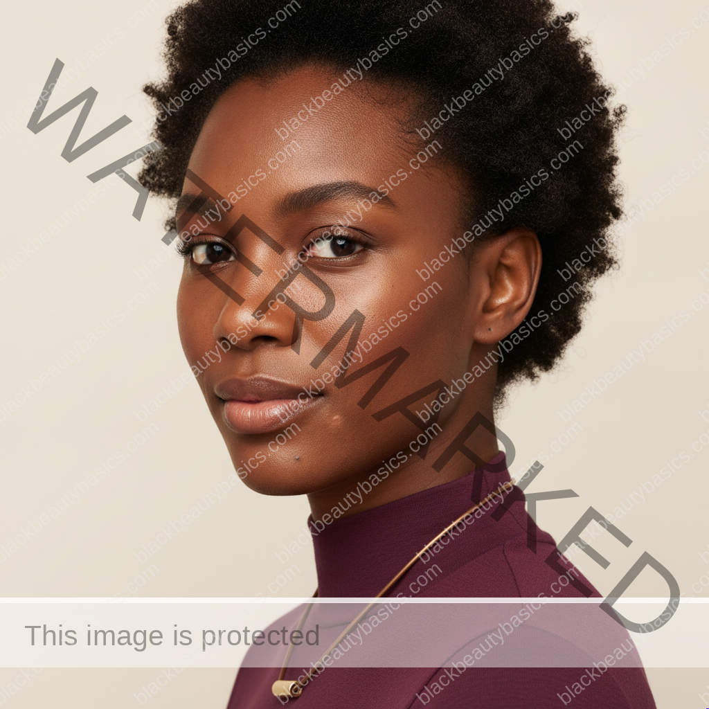 Black woman with rich brown skin in an editorial portrait for dark spots after chemical peels on melanin-rich skin