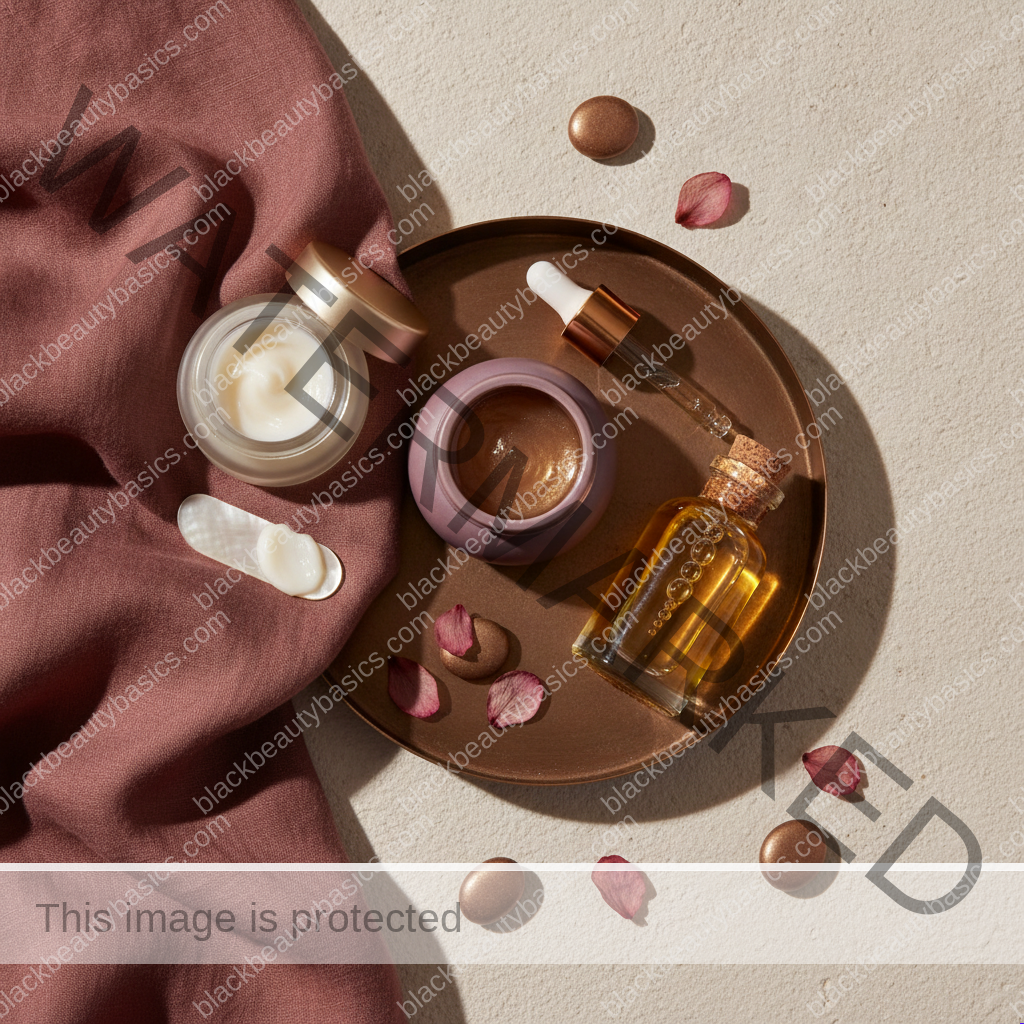 Unlabeled skincare products representing practical choices for dark spots after chemical peels on melanin-rich skin