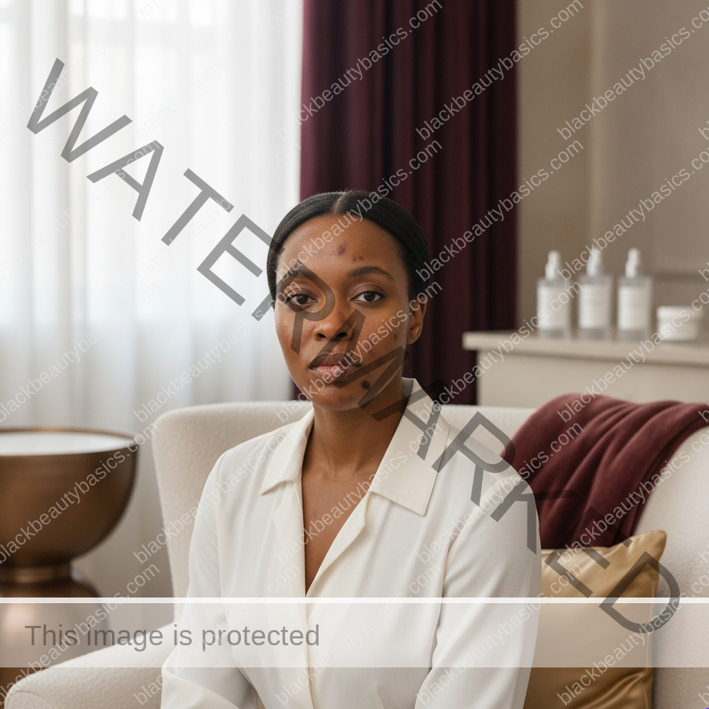 Black woman considering a practical skincare routine for dark spots after picking pimples on melanin-rich skin