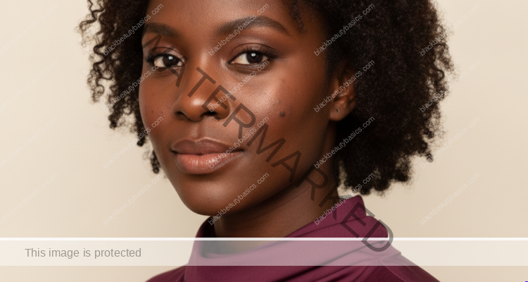 Black woman with rich brown skin in an editorial portrait for dark spots after picking pimples on melanin-rich skin