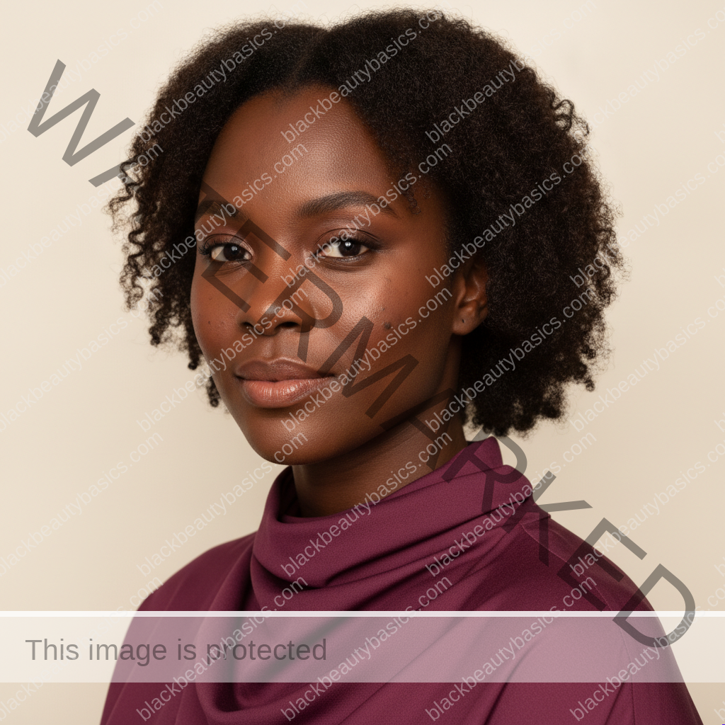 Black woman with rich brown skin in an editorial portrait for dark spots after picking pimples on melanin-rich skin