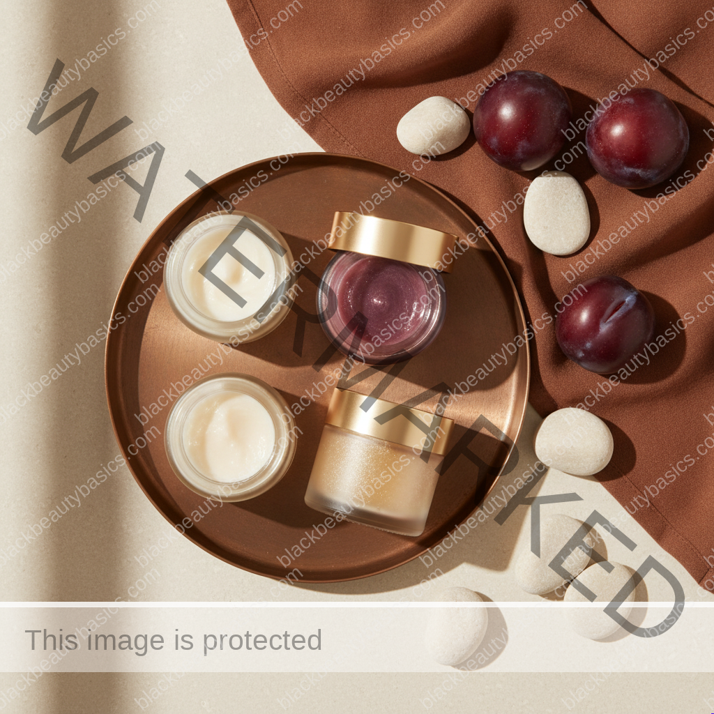 Unlabeled skincare products representing practical choices for dark spots after picking pimples on melanin-rich skin