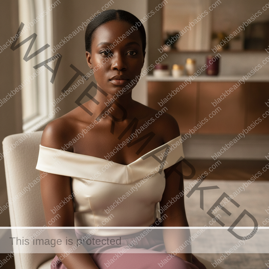Black woman considering a practical skincare routine for dark spots after tweezing facial hair on black women