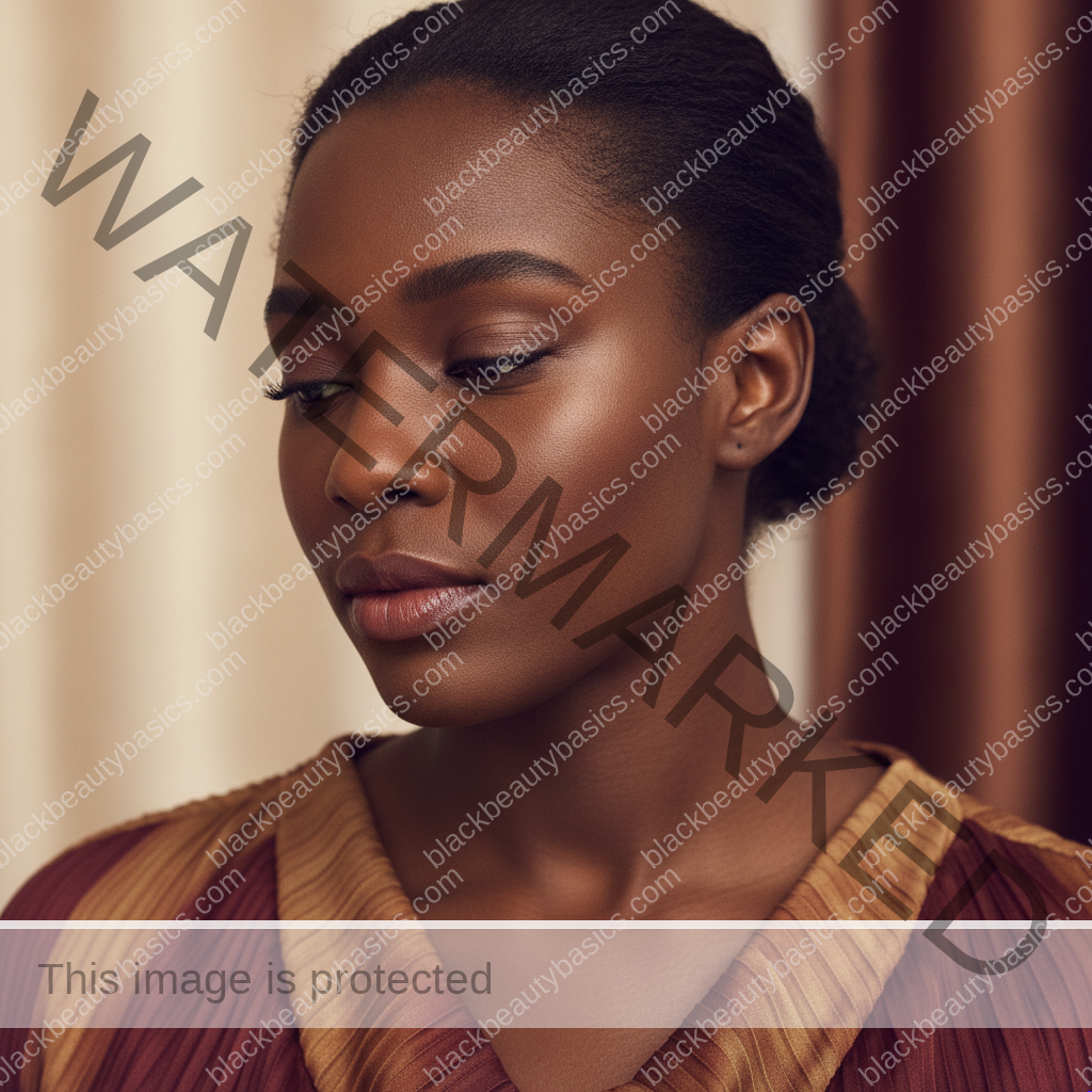 Black woman considering a gentle skincare plan for dark spots after tweezing facial hair on black women