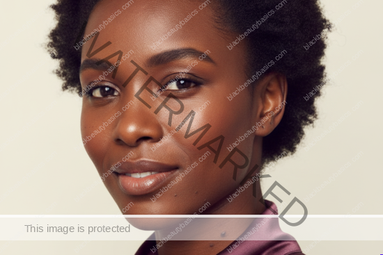 Black woman with rich brown skin in an editorial portrait for dark spots after tweezing facial hair on black women