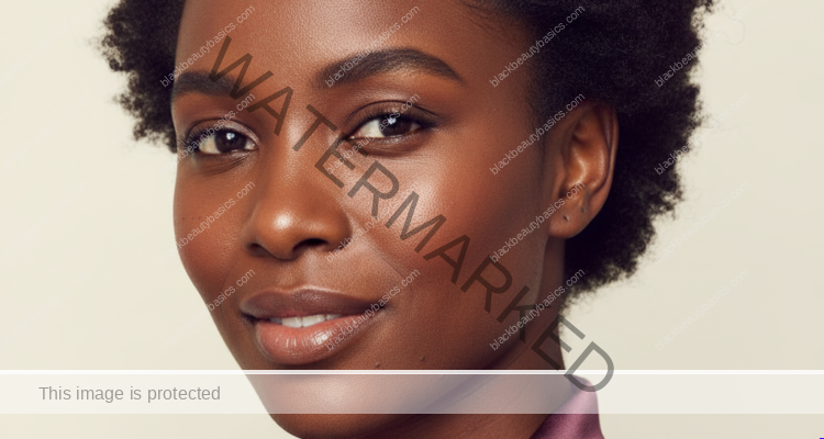 Black woman with rich brown skin in an editorial portrait for dark spots after tweezing facial hair on black women