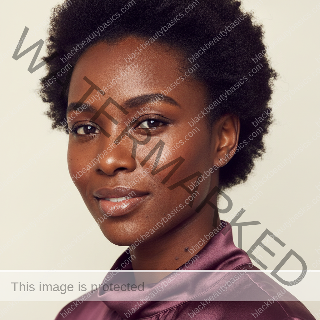 Black woman with rich brown skin in an editorial portrait for dark spots after tweezing facial hair on black women