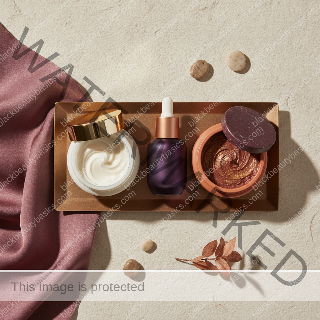 Unlabeled skincare products representing practical choices for dark spots after tweezing facial hair on black women