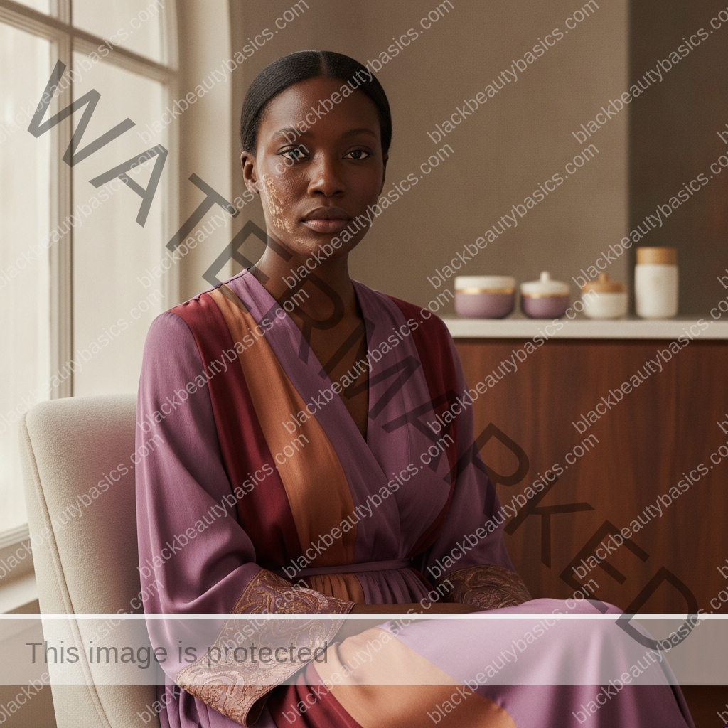 Black woman considering a practical skincare routine for how to tell the difference between dry skin and dehydrated skin on deep tones