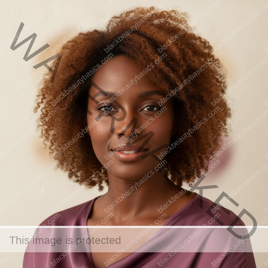 Black woman with rich brown skin in an editorial portrait for how to tell the difference between dry skin and dehydrated skin on deep tones
