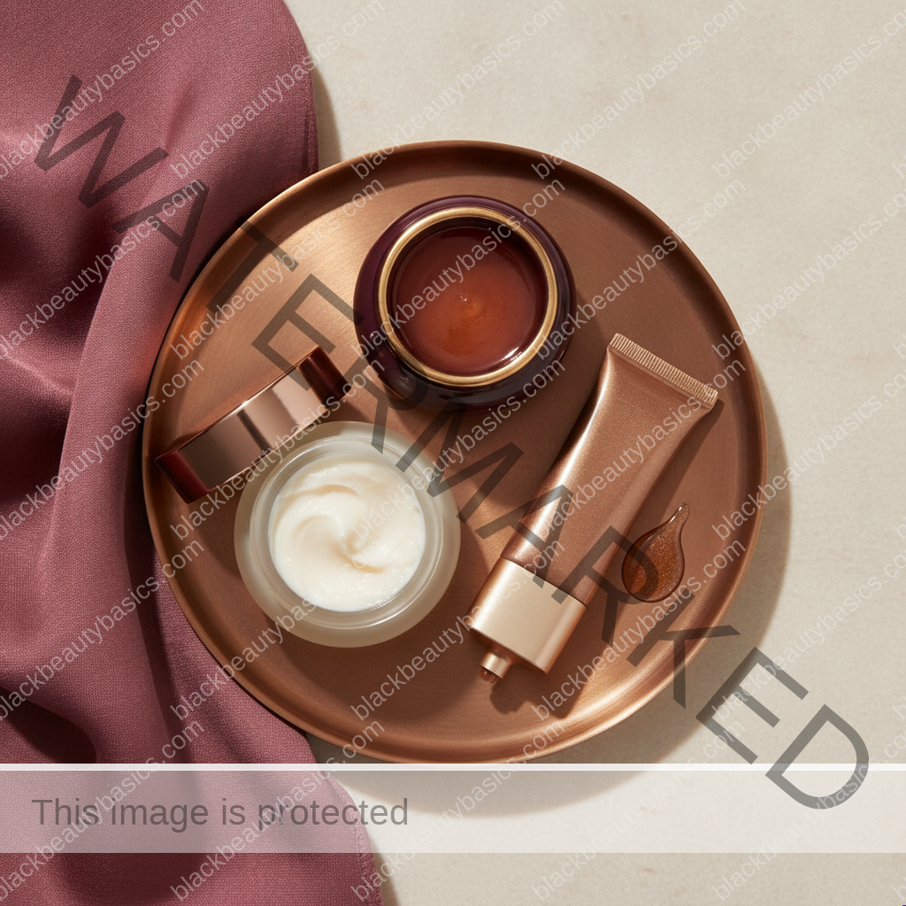 Unlabeled skincare products representing practical choices for how to tell the difference between dry skin and dehydrated skin on deep tones