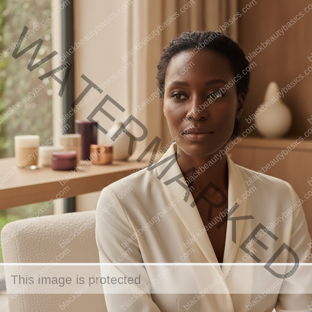 Black woman considering a practical skincare routine for skincare routine for black women with hard water and dry skin