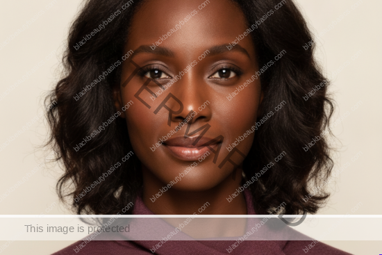 Black woman with rich brown skin in an editorial portrait for skincare routine for black women with hard water and dry skin