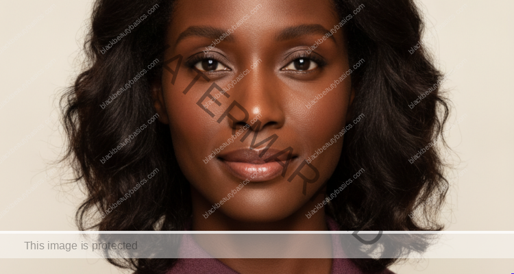 Black woman with rich brown skin in an editorial portrait for skincare routine for black women with hard water and dry skin