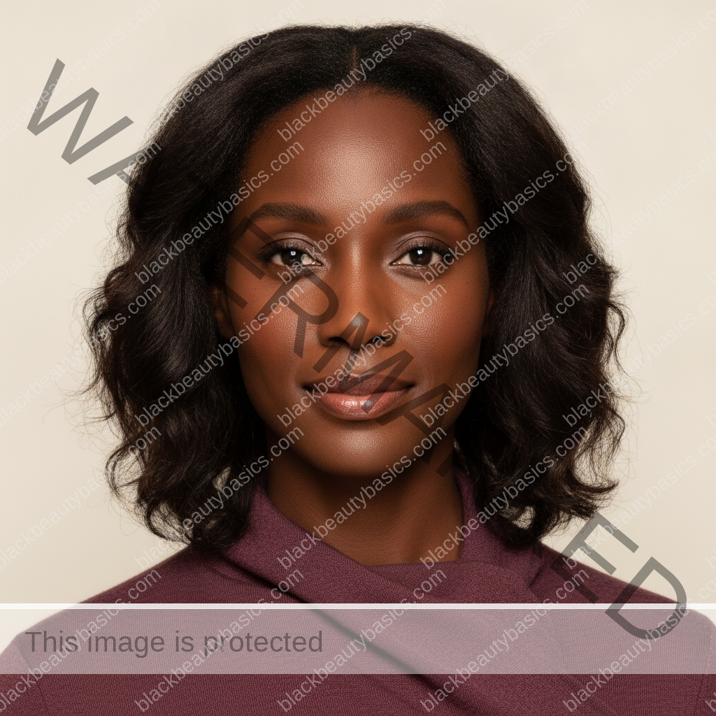 Black woman with rich brown skin in an editorial portrait for skincare routine for black women with hard water and dry skin