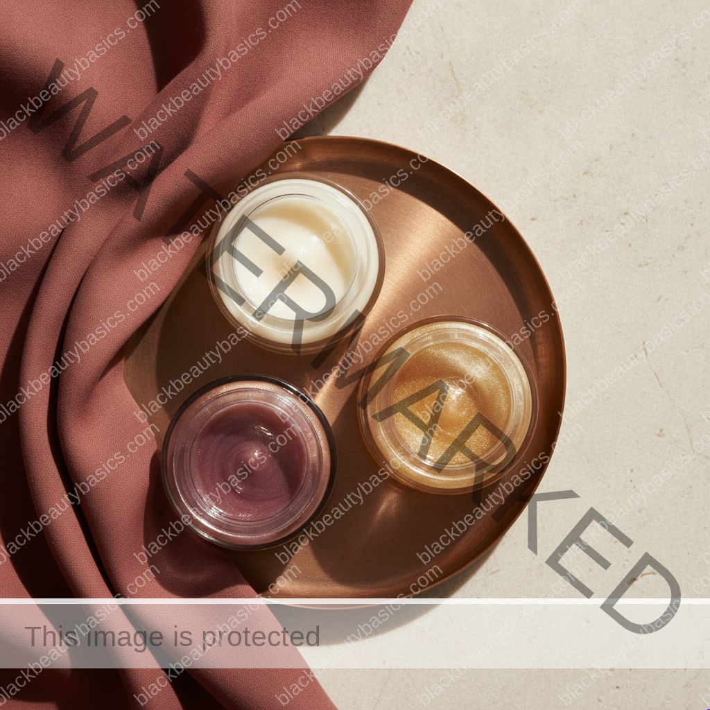 Unlabeled skincare products representing practical choices for skincare routine for black women with hard water and dry skin