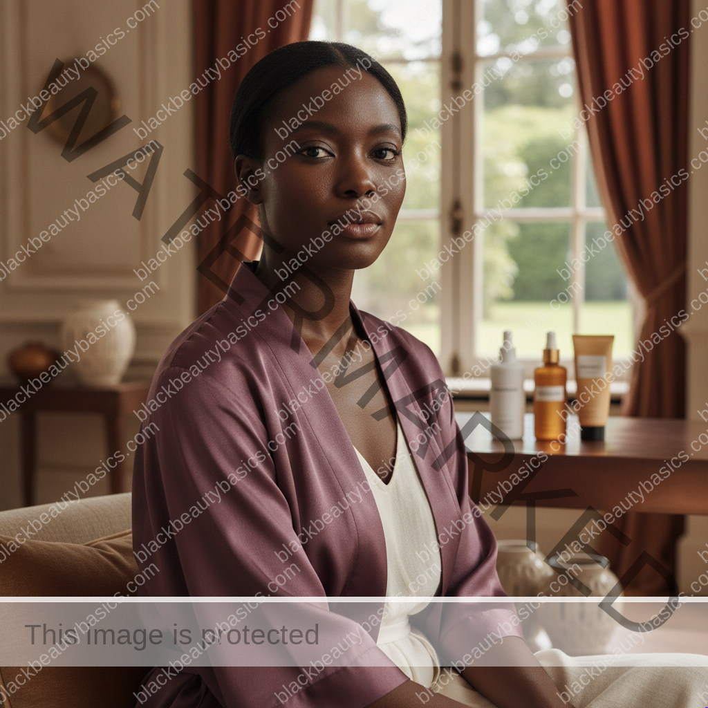 Black woman considering a practical skincare routine for how to layer niacinamide, azelaic acid, and sunscreen for dark spots