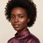 Black woman with rich brown skin in an editorial portrait for how to layer niacinamide, azelaic acid, and sunscreen for dark spots
