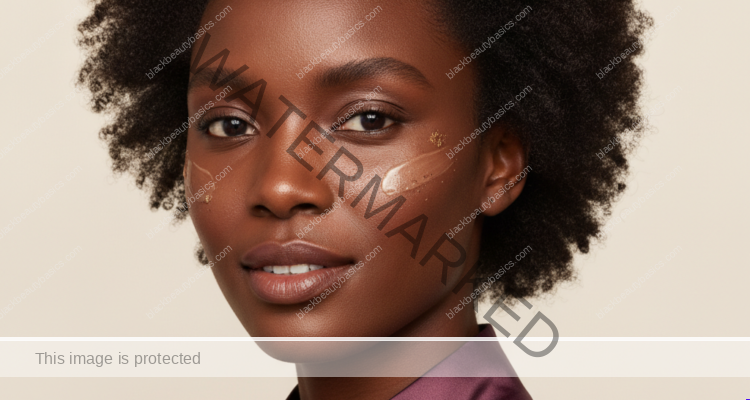 Black woman with rich brown skin in an editorial portrait for how to layer niacinamide, azelaic acid, and sunscreen for dark spots