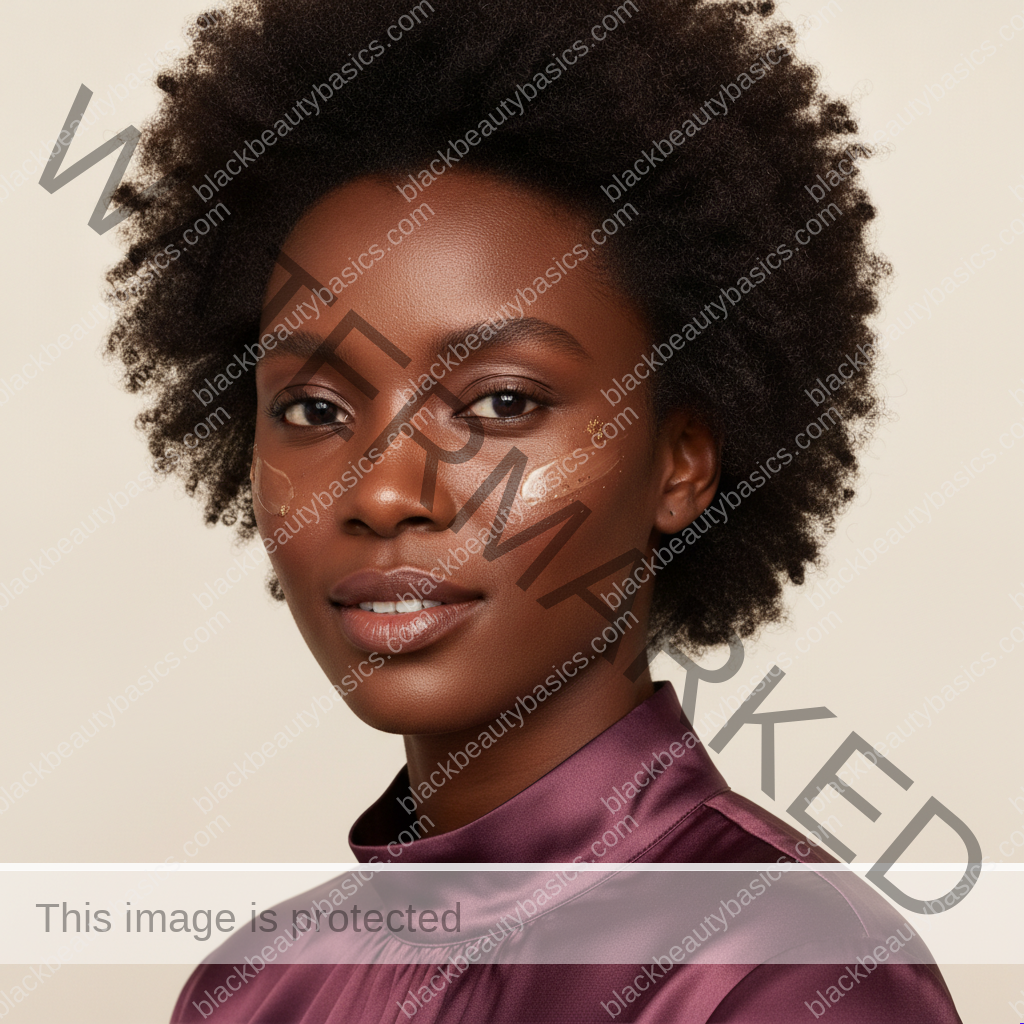 Black woman with rich brown skin in an editorial portrait for how to layer niacinamide, azelaic acid, and sunscreen for dark spots