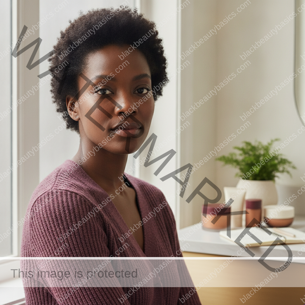 Black woman considering a practical skincare routine for how to create a low-budget barrier repair routine