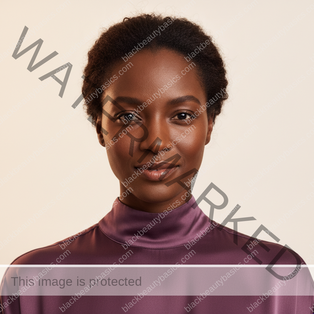 Black woman with rich brown skin in an editorial portrait for how to create a low-budget barrier repair routine