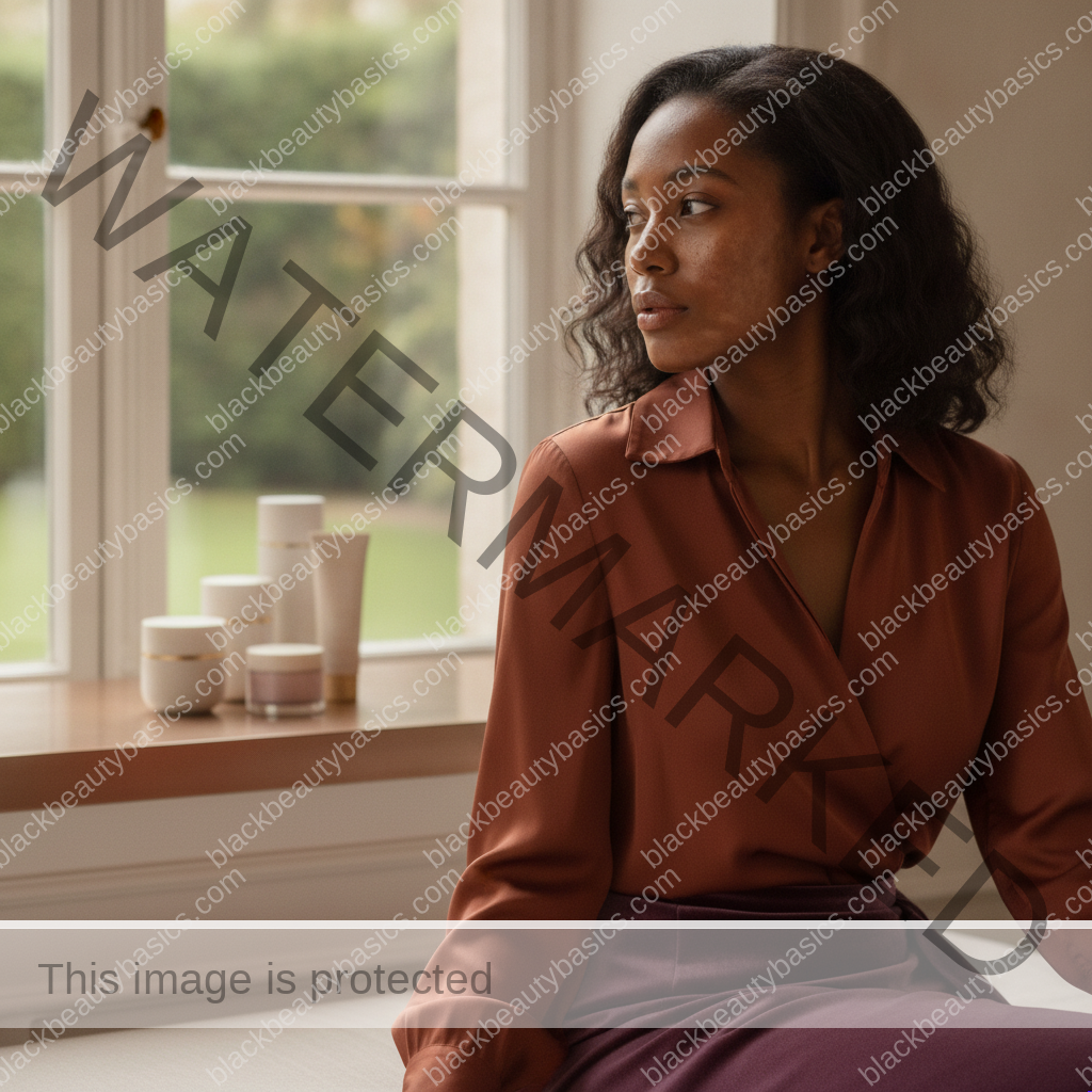 Black woman considering a practical skincare routine for melasma on dark skin: how to approach care without panic