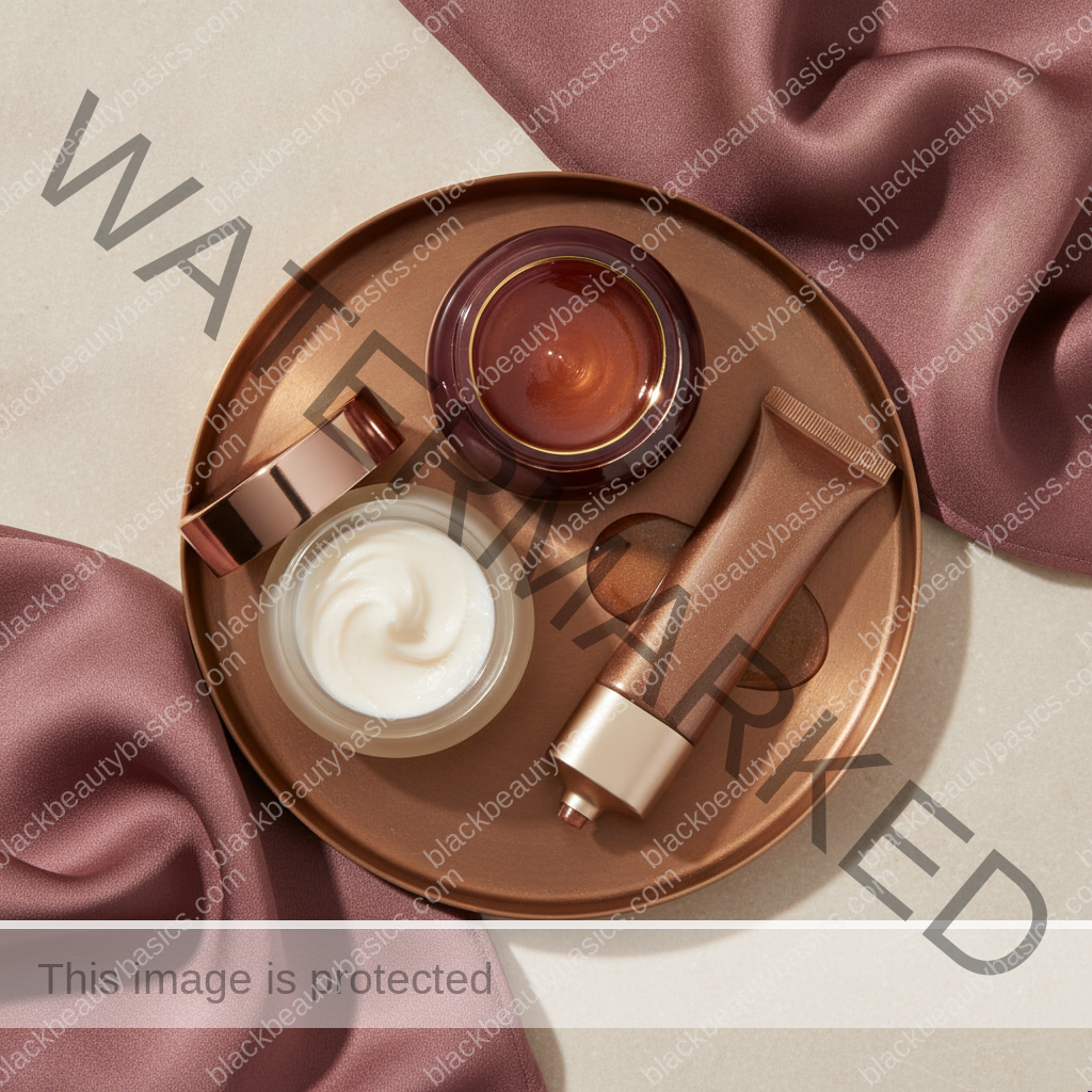 Unlabeled skincare products representing practical choices for melasma on dark skin: how to approach care without panic