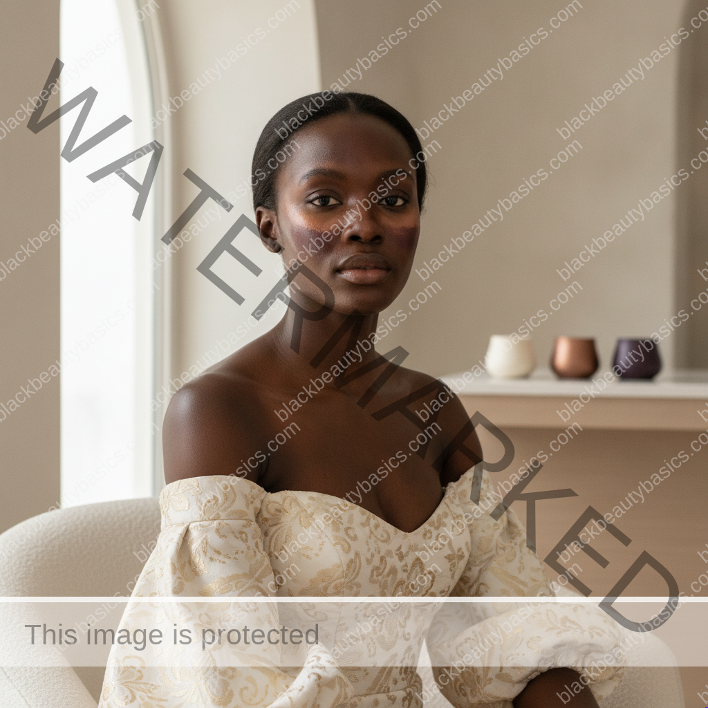 Black woman considering a practical skincare routine for post-inflammatory hyperpigmentation timeline on deep skin