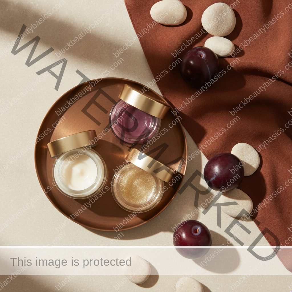 Unlabeled skincare products representing practical choices for post-inflammatory hyperpigmentation timeline on deep skin