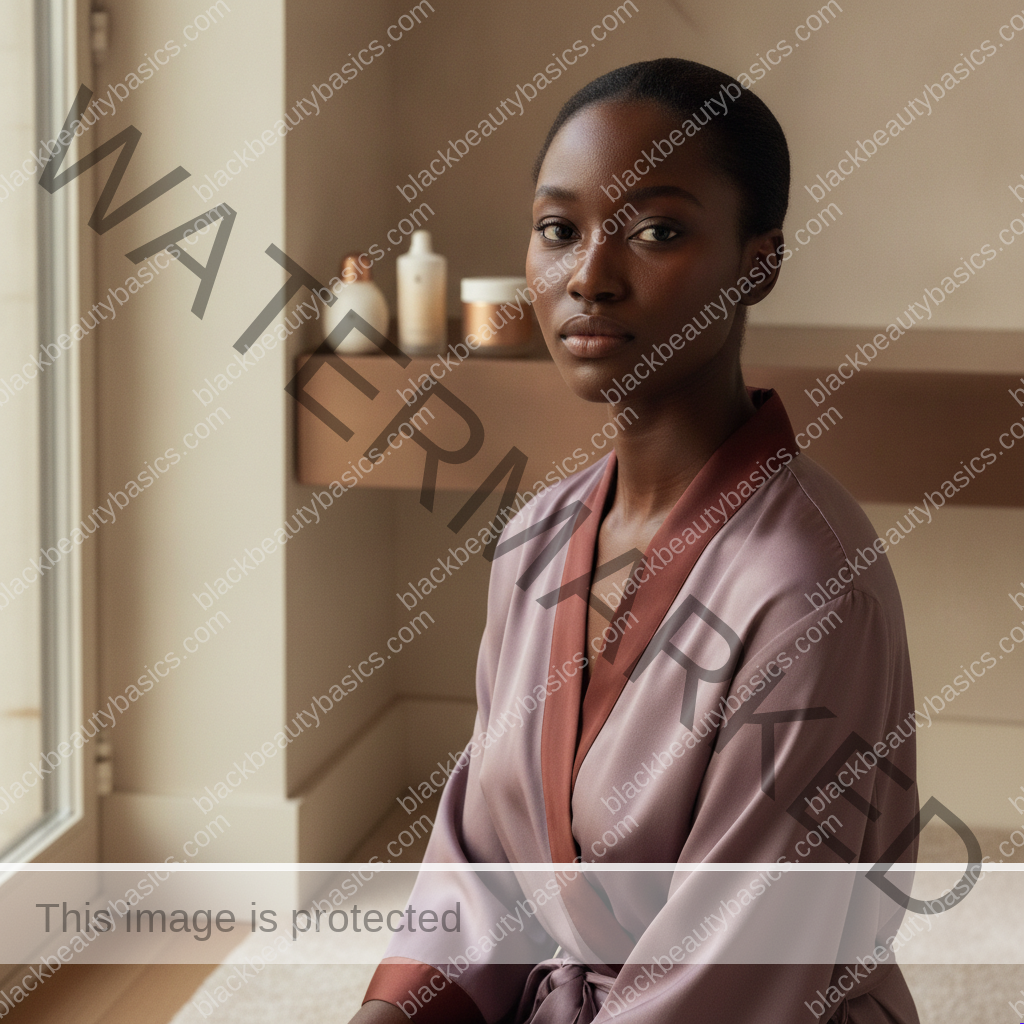 Black woman considering a practical skincare routine for the bbb simple skincare reset checklist for melanin-rich skin
