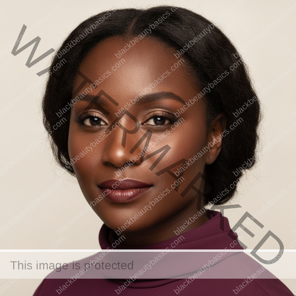 Black woman with rich brown skin in an editorial portrait for the bbb simple skincare reset checklist for melanin-rich skin
