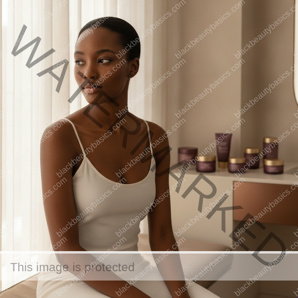 Black woman considering a practical skincare routine for the best skincare routine for black women who use prescription acne treatments