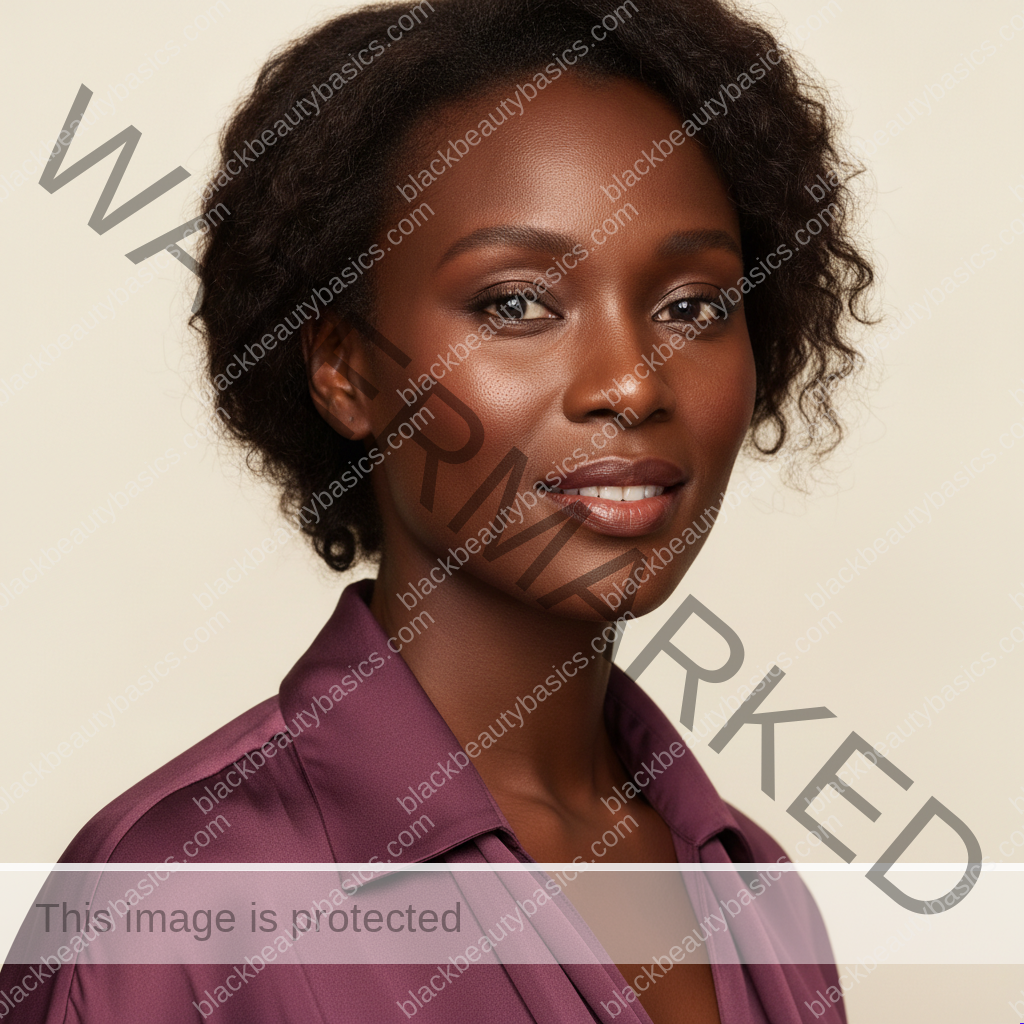 Black woman with rich brown skin in an editorial portrait for the best skincare routine for black women who use prescription acne treatments