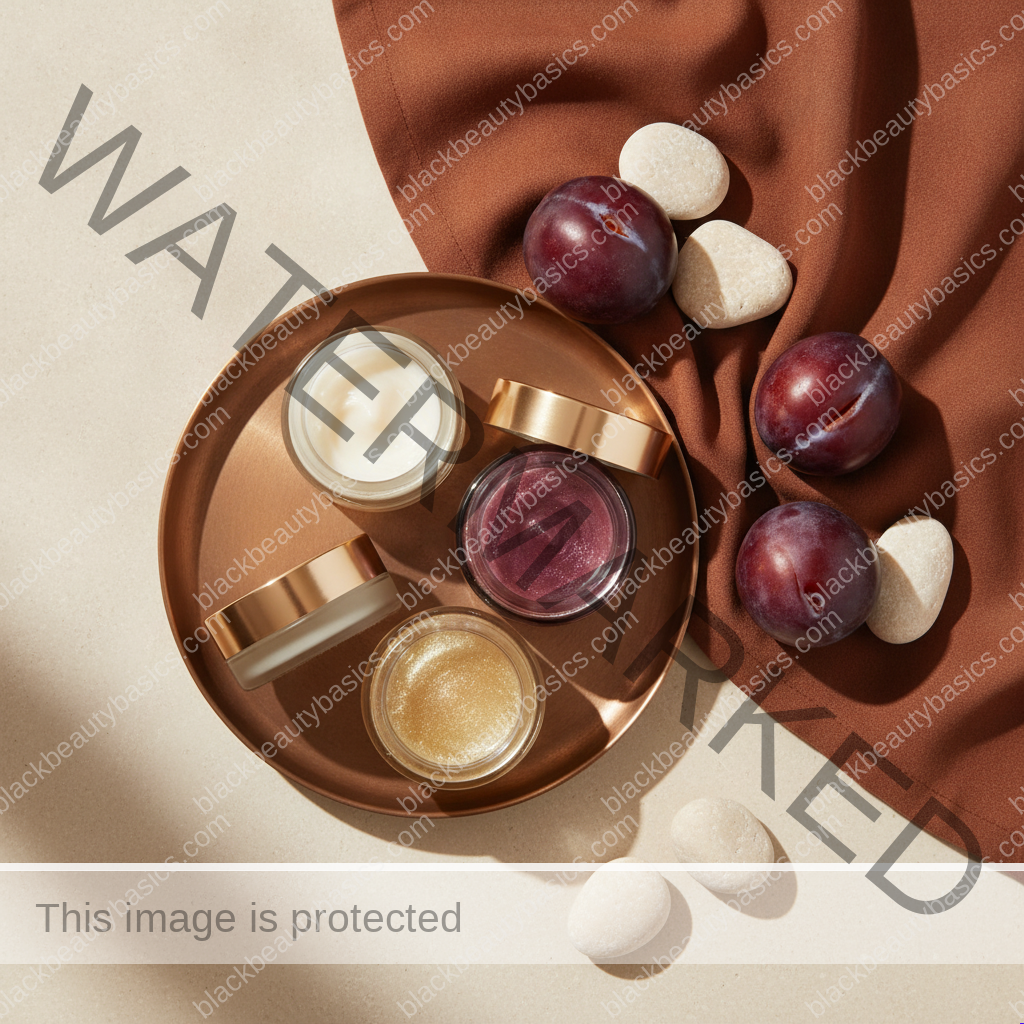 Unlabeled skincare products representing practical choices for the best skincare routine for black women who use prescription acne treatments