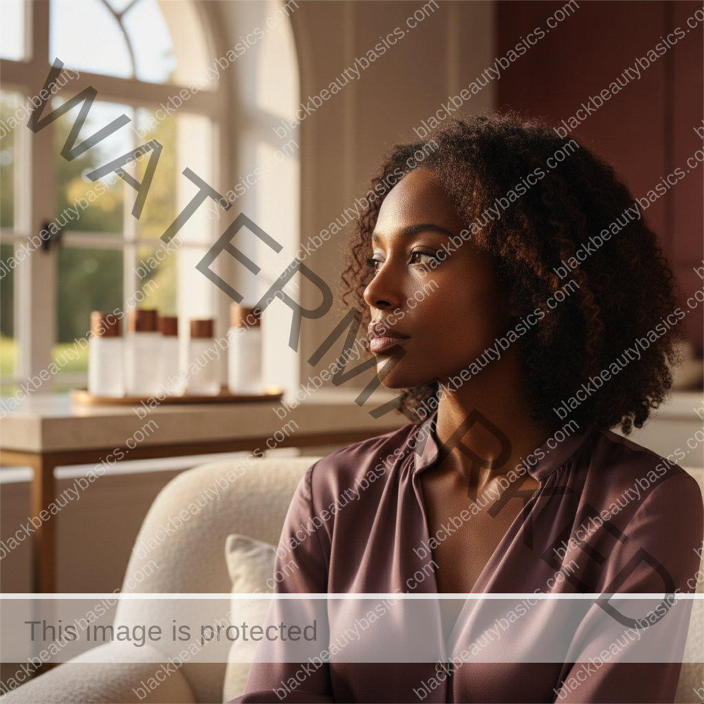 Black woman considering a practical skincare routine for how to talk to a dermatologist about hyperpigmentation on black skin