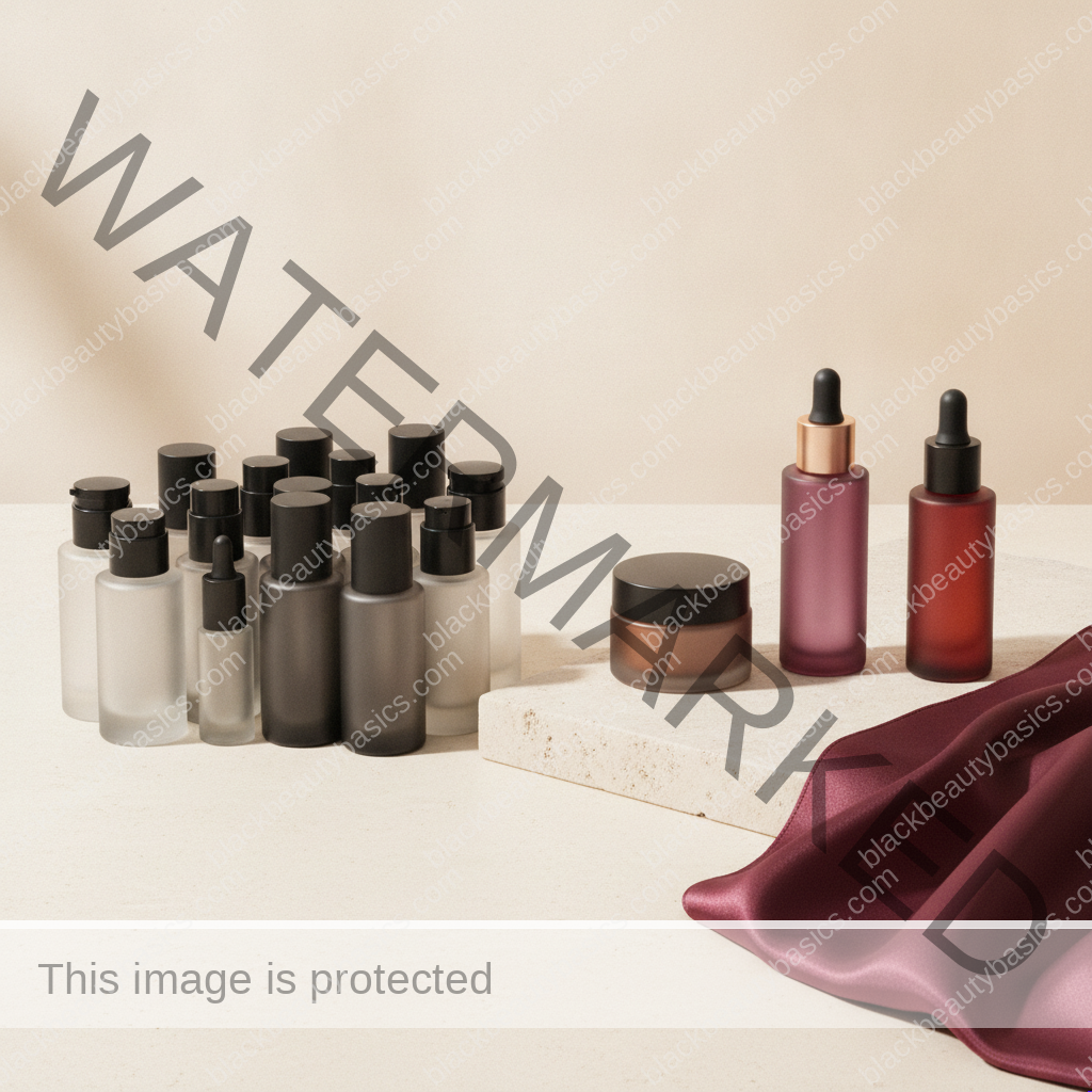 Simplified skincare setup related to how to talk to a dermatologist about hyperpigmentation on black skin