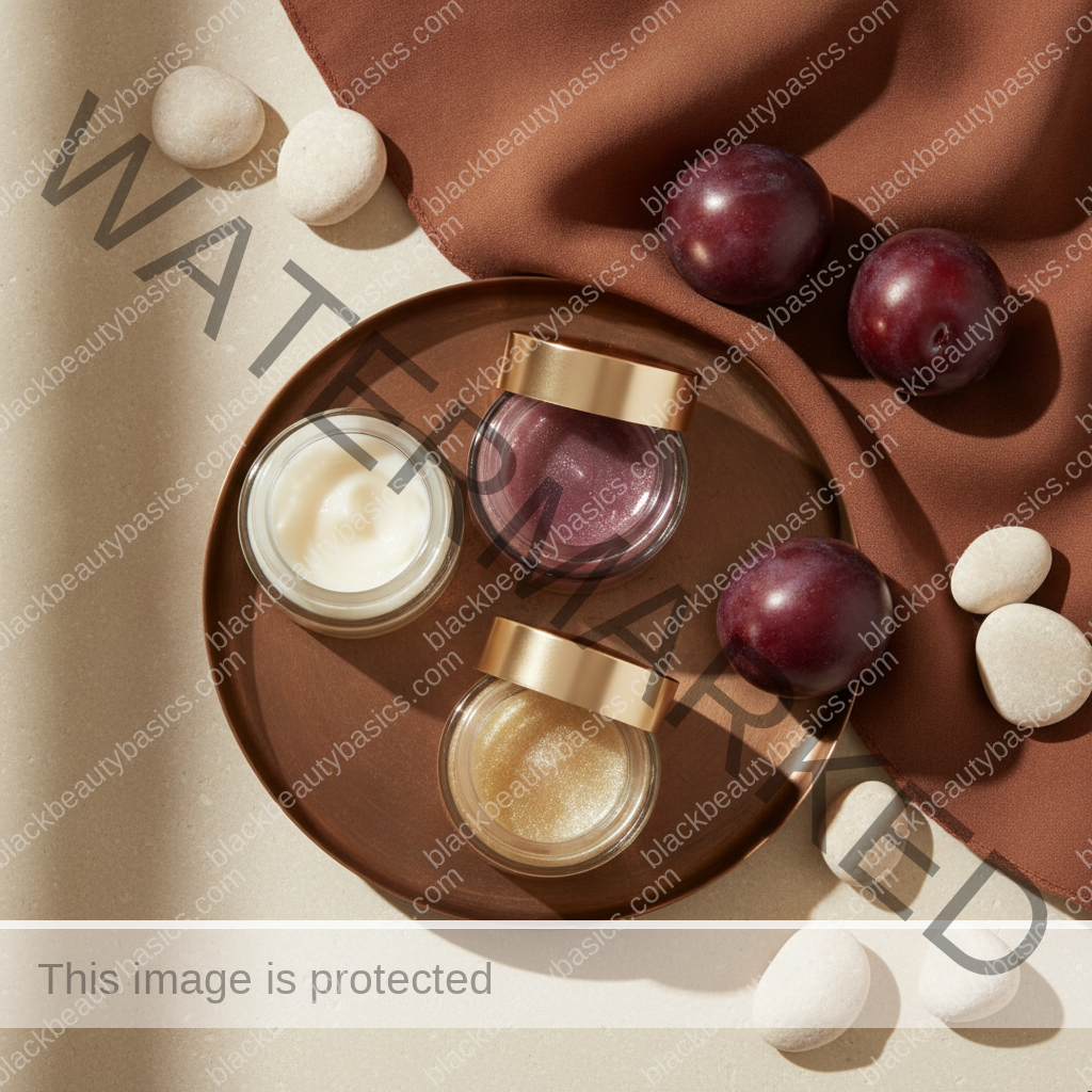 Unlabeled skincare products representing practical choices for how to talk to a dermatologist about hyperpigmentation on black skin