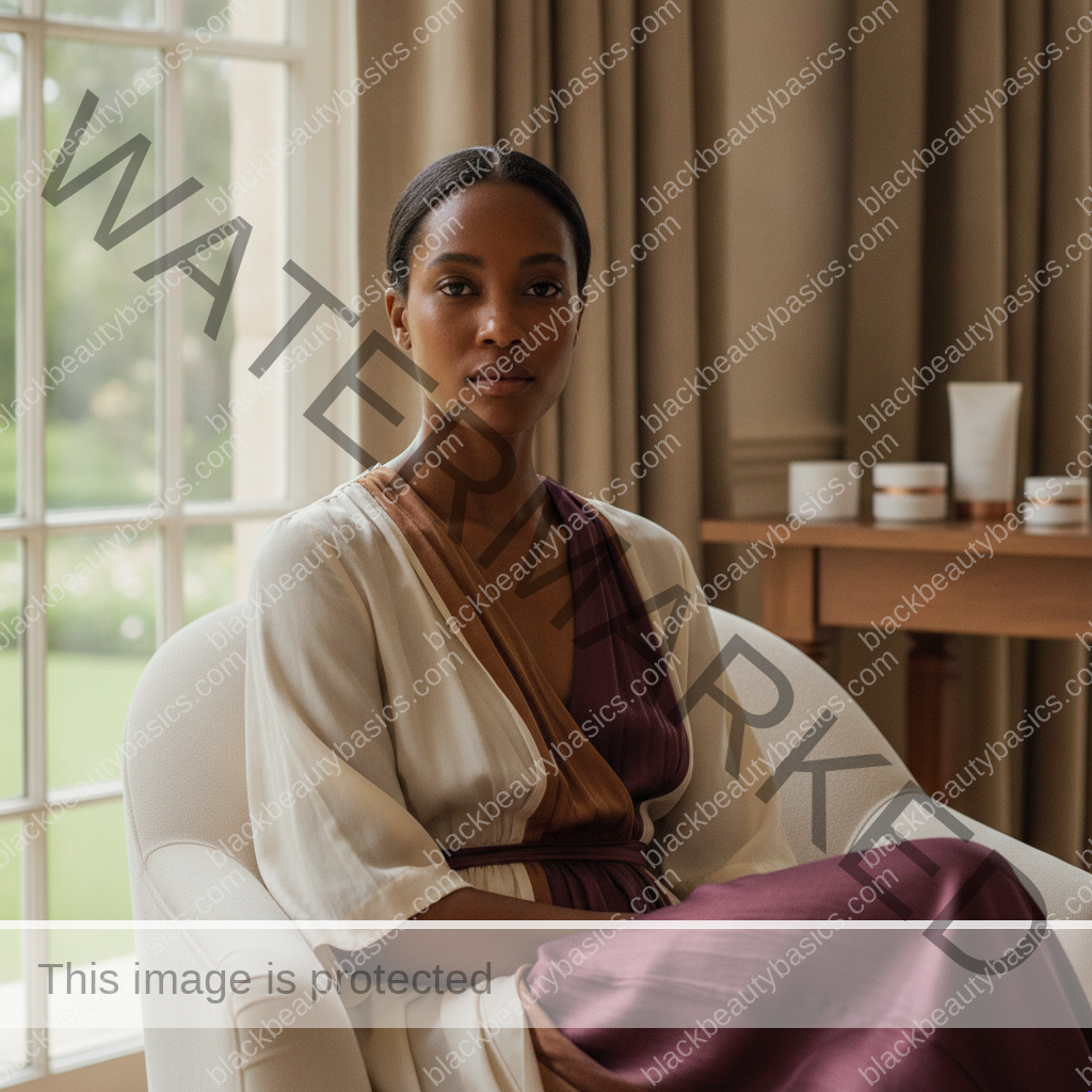 Black woman considering a practical skincare routine for what to keep and what to pause during a skin reset