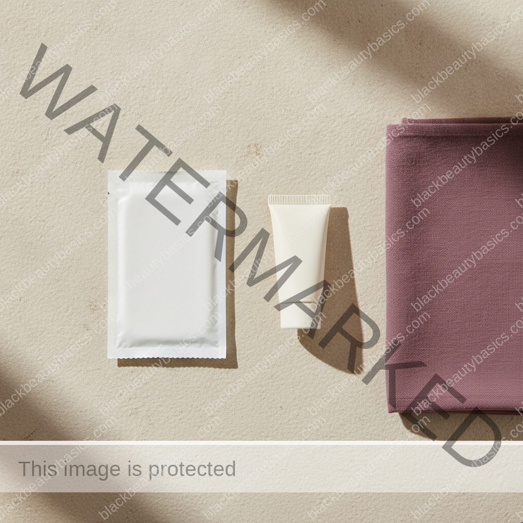 Sealed gauze, a plain moisturizer and a folded cotton cloth on an ivory surface