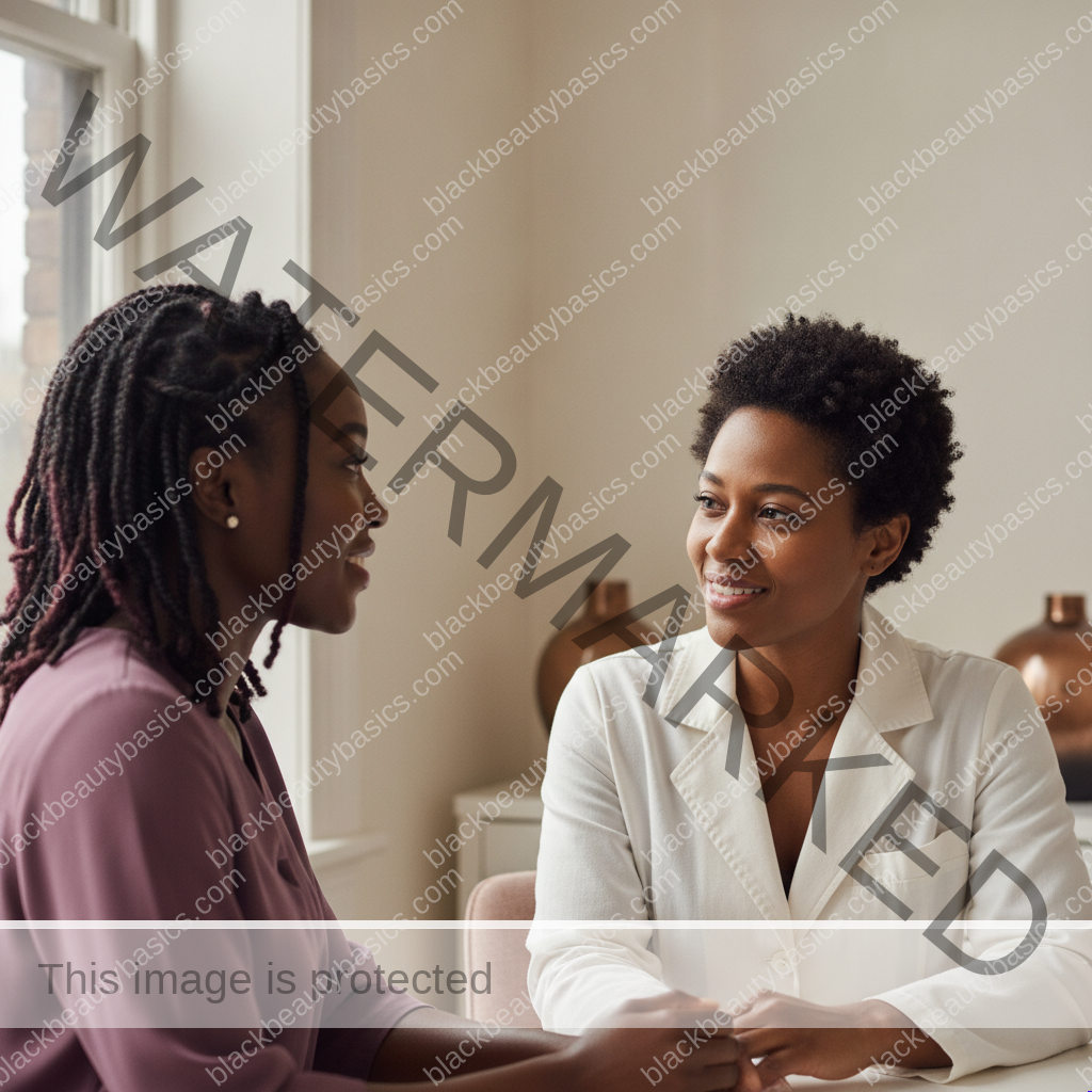 Black woman speaking with a clinician in a bright consultation room