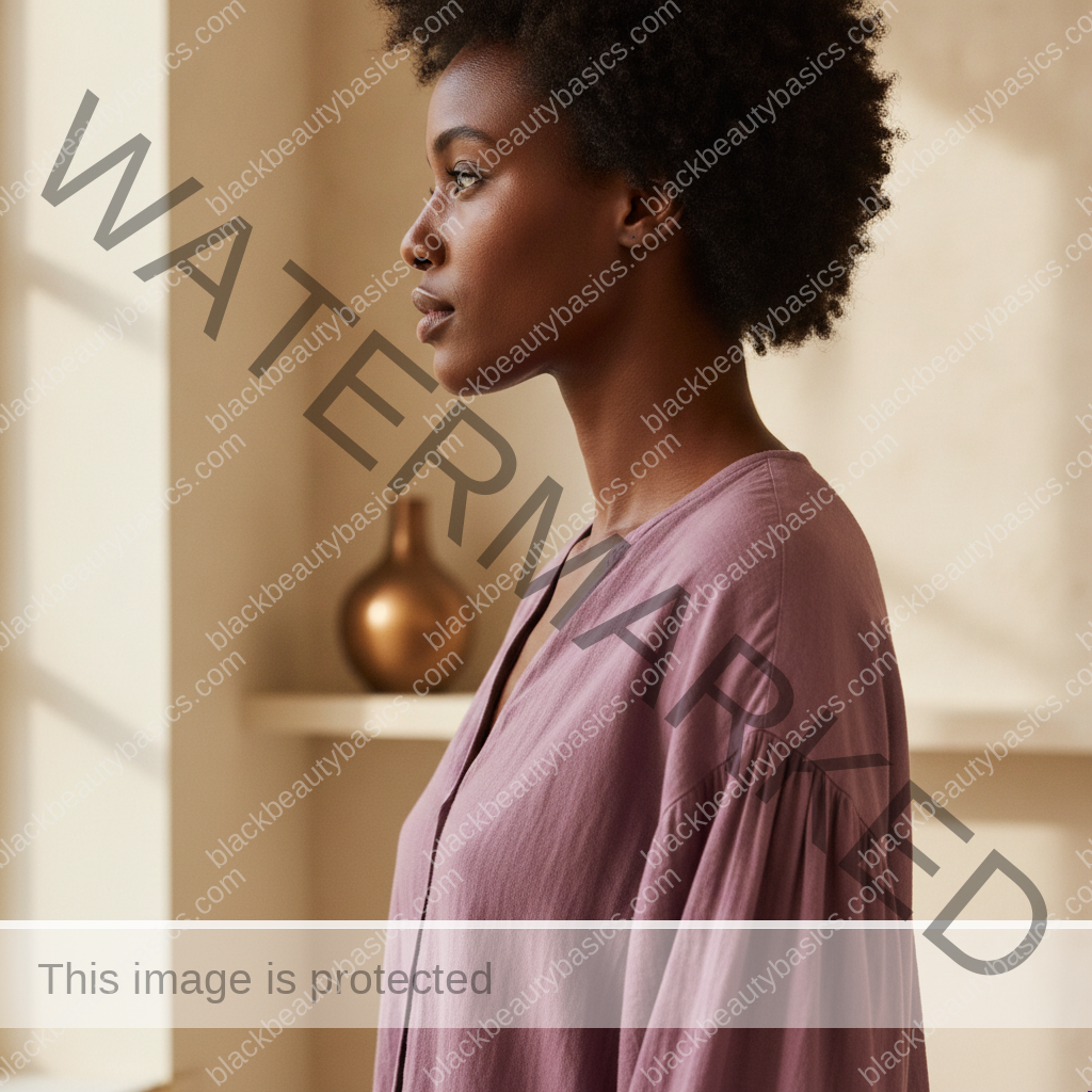 Black woman wearing a loose cotton sleeve in a calm home setting