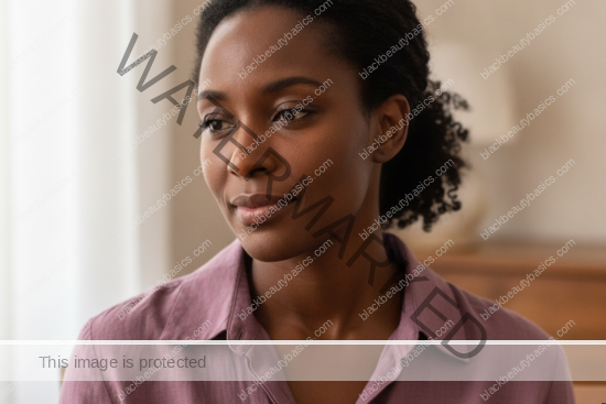 Black woman with deep brown skin and natural hair in a softly lit editorial portrait