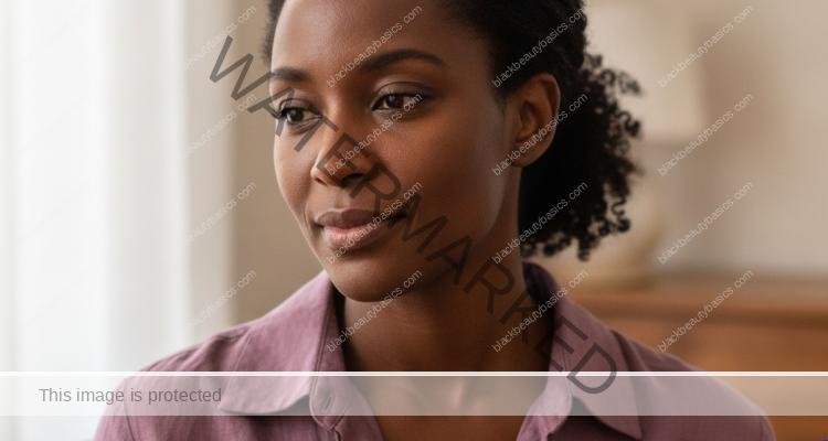 Black woman with deep brown skin and natural hair in a softly lit editorial portrait