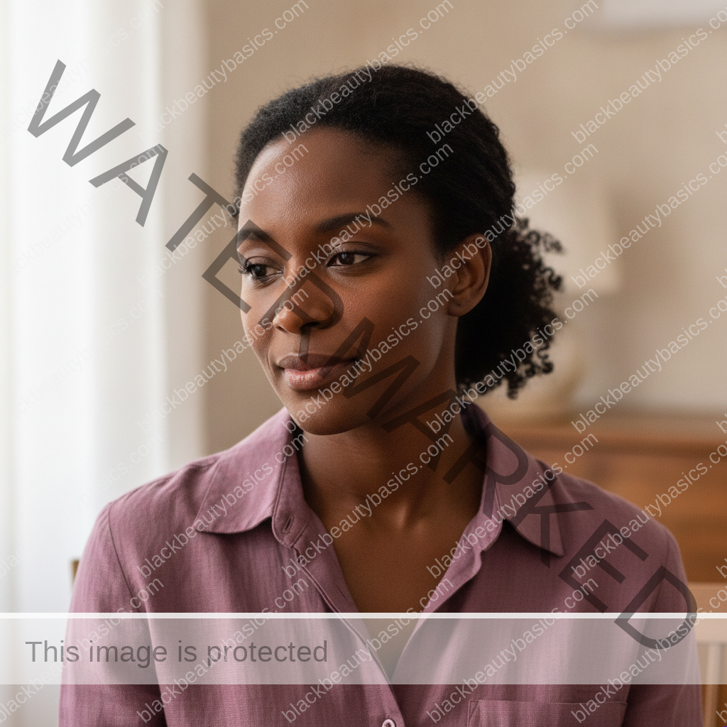 Black woman with deep brown skin and natural hair in a softly lit editorial portrait